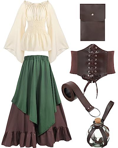 Hillban Women Medieval Renaissance Dress Costume Halloween Blouse Top Skirt Pouch Corset Belt Bottle Tess Aesthetic, Corset Belt, Stylish Blouse Design, Medieval Dress, Stylish Blouse, Idea Board, Dress Costume, Folk Costume, Magical Forest