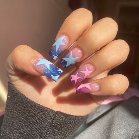 Blue N Pink Nails, Nails Acrylic Blue And Pink, Blue And Pink Short Nails, Pink And Blue Star Nails, Nail Blue And Pink, Pink N Blue Nails, Pink And Dark Blue Nails, Pink And Blue Acrylics, Blue And Pink Nails Acrylic