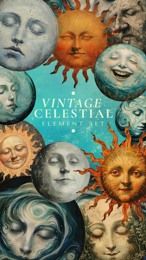 Vintage Celestial Art, Astrology Vintage, Vintage Astrology, Vintage Celestial, Celestial Design, Sun Illustration, Set Ideas, Celestial Art, Awesome Designs