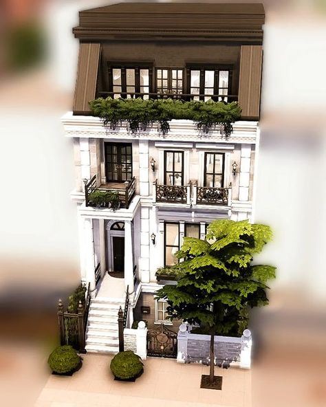 Sims 4 City Townhouse, Sims 4 English Townhouse, Sims Townhouse Floor Plans, Sims Parisian House, Sims 4 Front Entrance Ideas, Sims 4 Bgc House, Sims 4 Brownstone Build, Sims 4 Media Production Cc, Sims 4 Townhouse Layout