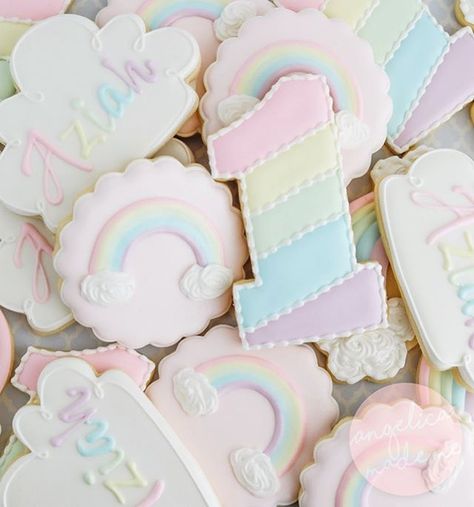 Baking Inspiration & Recipes - Custom cookies and other baked goods from Oakland, CA Rainbow 1st Birthday Party, Birthday Party Cookies, Rainbow 1st Birthday, Baptism Themes, Rainbow Themed Birthday Party, Rainbow First Birthday, 1st Birthday Girl Decorations, 1st Birthday Party For Girls, Pastel Birthday