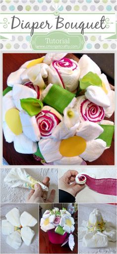 Diaper Bouquet Tutorial, Diaper Wreath Tutorial, Diaper Bouquet, Diaper Wreath, Diaper Gifts, Towel Cakes, Bouquet Tutorial, Baby Shower Crafts, Baby Diaper Cake