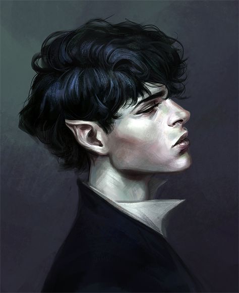 Prince With Black Hair Art, Male Elf Aesthetic, Prince Cardan Fanart, Cardan Drawing, Vampire Drawing Male, Vampire Fanart Male, Vampire Character Art Male, Carden Greenbriar Fanart, Elf Boy Art