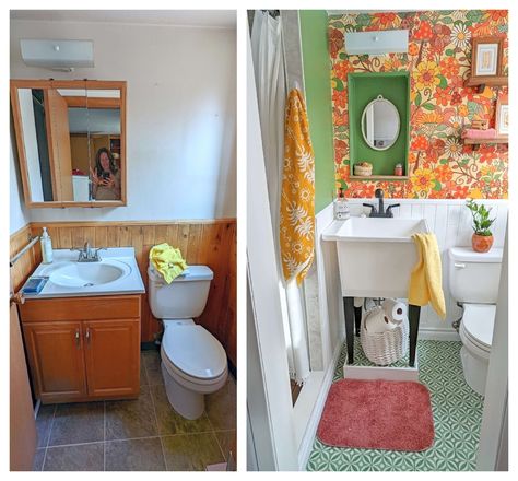 Tiny Bathroom Makeover before and after Tiny Basement Bathroom, Funky Bathroom Ideas, Eclectic Bathroom Decor, Teak Shower Floor, Tiny Basement, Rental Bathroom Makeover, Tiny Bathroom Makeover, Funky Bathroom, Rental Bathroom