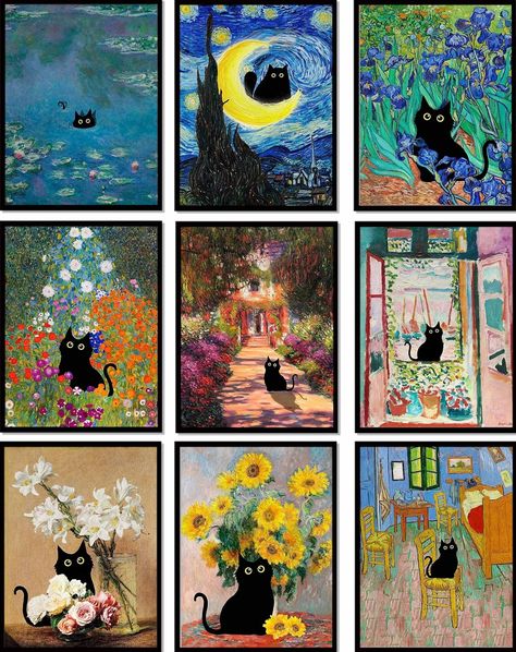 9Pcs Funny Black Cat Wall Art Cats in Famous Paintings Posters Prints Matisse Monet Van Gogh Vintage Gallery Wall Decor Pictures Eclectic Cute Preppy Aesthetic Room Decor,Unframed Cute Preppy Aesthetic, Preppy Aesthetic Room, Vintage Gallery Wall, Funny Black Cat, Vintage Gallery, Famous Paintings, Retro Wall Decor, Gallery Wall Decor, Vibrant Artwork