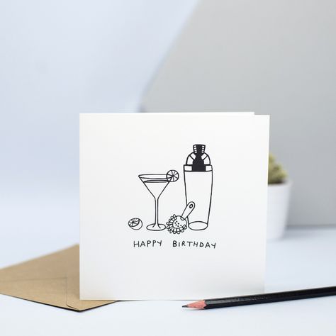 Alcohol Birthday Cards, Happy Birthday Cocktail, Lover Illustration, Beautiful Birthday Card, Birthday Cocktail, Birthday Cocktails, Birthday Card Drawing, Beautiful Birthday Cards, 21st Birthday Cards