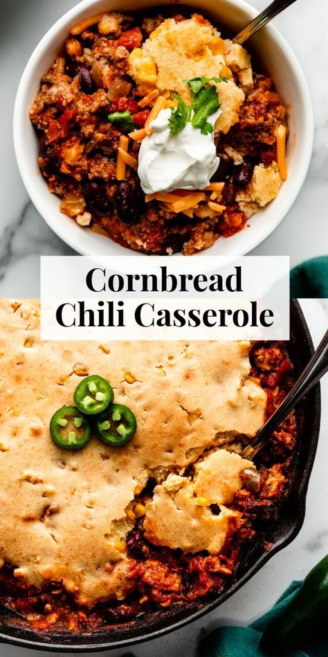 This cornbread chili casserole combines hearty, flavorful chili with a buttery, crumbly cornbread topping all in one comforting dish. #comfortfood #skilletmeals #dinnerrecipes Chili With Cornbread Topping, Cornbread Chili Casserole, Chilli Casserole, Chili With Cornbread, Cornbread Chili, Cornbread Topping, Chili Cornbread Casserole, Parmesan Crusted Zucchini, Chili Cornbread