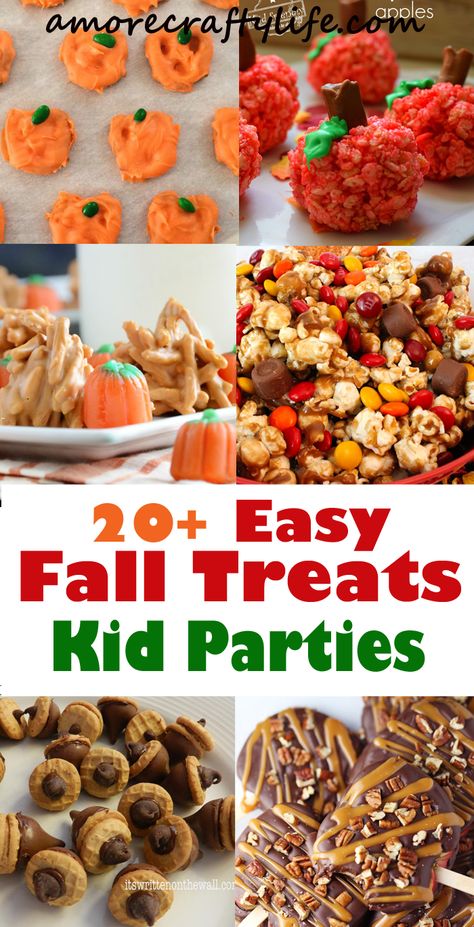 easy party treats- halloween fall snacks - school parties - recipes for kids - amorecraftylife.com #kidsactivities #halloween #preschool Fall Treats Kids, Harvest Party Food, Fall Party Snacks, Snack For School, Easy Party Treats, Snacks School, Theme Snack, Thanksgiving Snacks, Treats Halloween