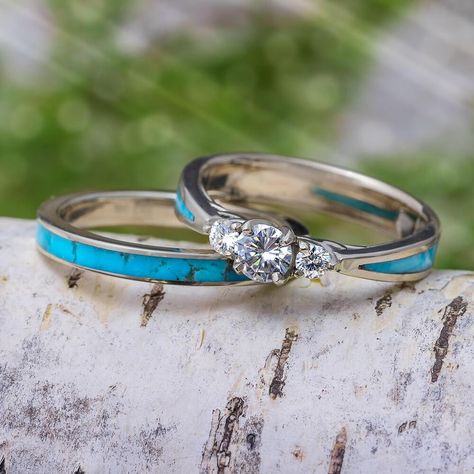 Wedding Ring With Turquoise Band, Turquoise And Diamond Engagement Ring, Western Promise Rings, Engagement Rings Turquoise, Native Wedding, Western Wedding Rings, Turquoise Engagement Ring, Turquoise Wedding Rings, Turquoise Wedding Band