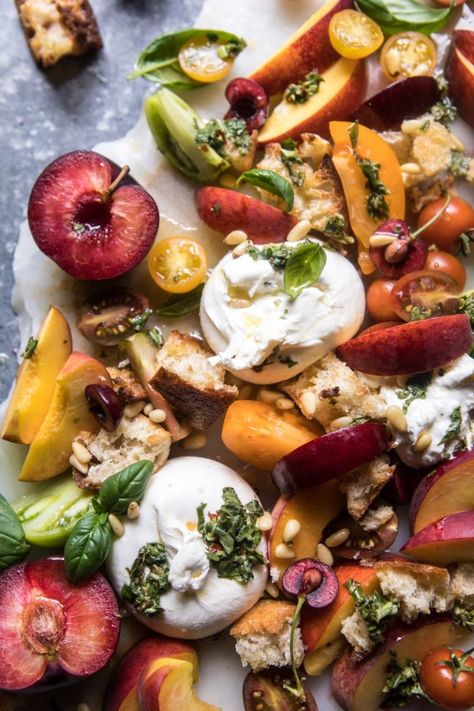 Tuscan Summer Stone Fruit, Tomato, and Burrata Panzanella Salad Tomato And Burrata, Tuscan Summer, Stone Fruit Salad, Make Ahead Salads, Panzanella Salad, Fruit Salad Recipes, Half Baked Harvest, Mouth Watering Food, Snacks Für Party