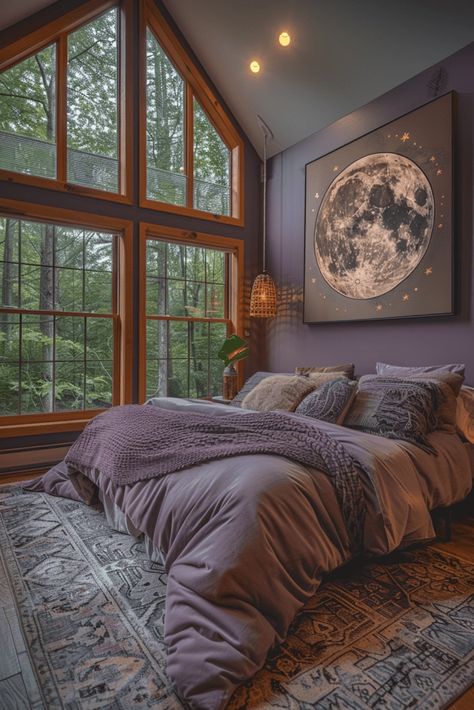 Gray And Lavender Bedroom, Moonlit Bedroom, Night Themed Bedroom, Lavender Boho Bedroom, Street Bedroom, Lavender Bedroom, Lavender Room, Natural Bedroom, Purple Bedrooms