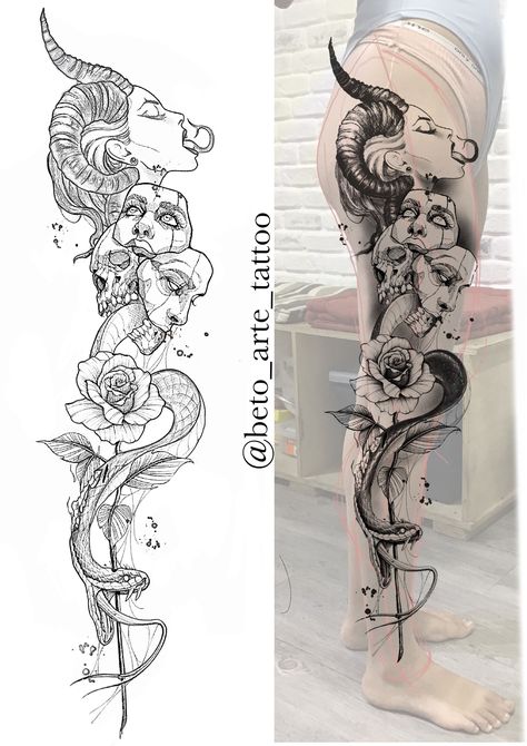 Leg Sleeve Tattoo Sketch, Women’s Leg Sleeve Tattoo Ideas, Leg Sleeve Template, Medusa Leg Sleeve Tattoo, Full Leg Tattoo Design, Full Buttcheek Tattoo Women, Womens Leg Sleeve Tattoo, Leg Sleeve Design, Whole Leg Tattoo