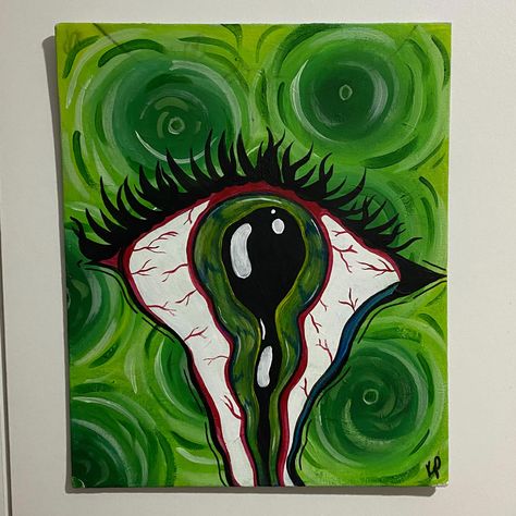 Melting Painting Ideas, Funky Art Painting Acrylic, Green Drawing Ideas Easy, Grunge Art Paintings, Painting Ideas Funky, Alien Painting Easy, Monster Eyes Drawing, Weird Painting Ideas, Simple Things To Paint On Canvas Easy