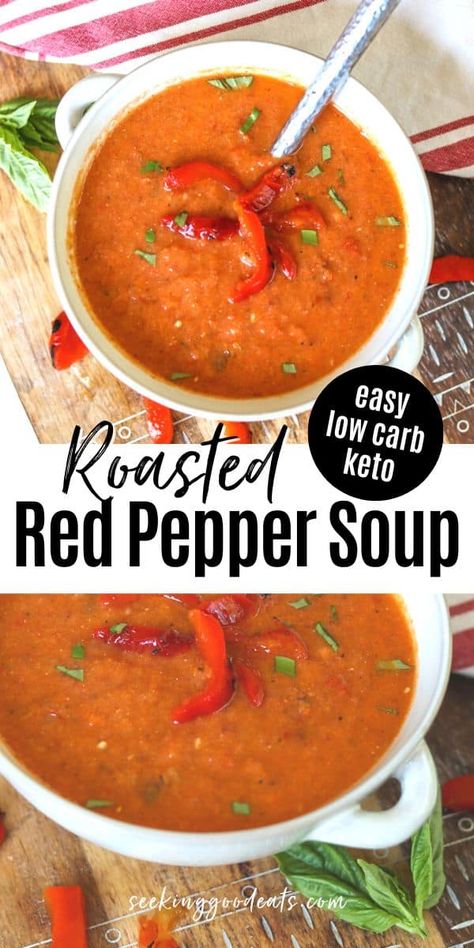 This Roasted Red Pepper Soup recipe is absolute perfection! It is bright, fresh, comforting, and so delicious with smoky undertones and a hint of spice. Make this easy soup recipe by roasting your peppers in the oven, on the grill - or use jarred! A make ahead soup that's perfect for meal-prepping and can be frozen. This healthy soup is gluten free, low carb, keto, Whole30, vegetarian, and has no added sugar. Ready to try it? Red Pepper Soup Recipe, Roasted Pepper Soup, Keto Grilled Cheese, Pepper Soup Recipe, Bell Pepper Soup, Red Pepper Recipes, Roasted Red Pepper Soup, Comfort Soup Recipes, Red Pepper Soup