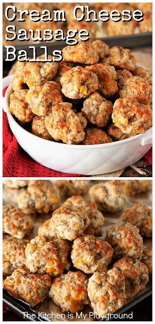 Cream Cheese Sausage Balls ~ Make everybody's party-favorite Sausage Balls extra tender and extra delicious by adding in a touch of cream cheese! ALWAYS a hit. www.thekitchenismyplayground.com Cheese Sausage Balls, Cream Cheese Sausage, Sausage Cheese Balls, Cream Cheese Sausage Balls, Sausage Balls Recipe, Sausage Balls, Cheese Sausage, Cheese Balls, Minced Meat