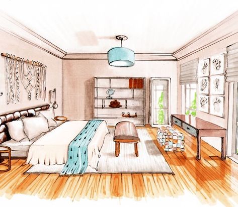 Interior Design Presentation Layout, Bedroom Watercolor, Watercolor Bedroom, Perspective Room, House Design Drawing, Dunia Disney, Spring Bedroom, Interior Design Renderings, Drawing Interior