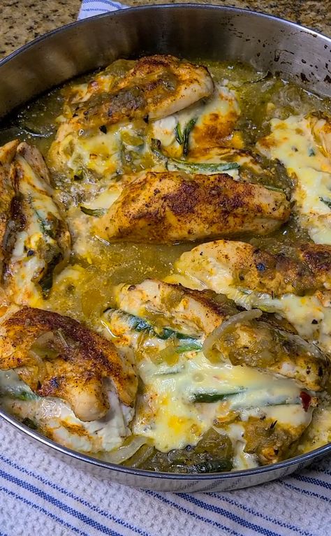 Cheesy Poblano and Salsa Verde Stuffed Chicken | Salt Sugar Spice Poblano Stuffed Chicken, Chicken With Poblano Peppers, Chicken And Pablano Pepper, Ancho Poblano Recipes, Stuffed Pablo Peppers With Chicken, Plobanos Peppers Recipes, Chicken Poblano Recipes, Chicken And Poblano Recipes, Poblano Pepper Recipes