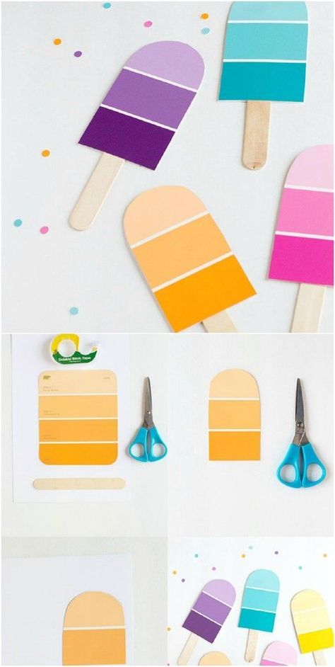 Paint Chip Crafts, Paint Decor, Popsicle Party, Crafts For Home Decor, Ice Cream Birthday Party, Paint Chip, Ice Cream Birthday, Ice Cream Popsicles, Birthday Surprise Party