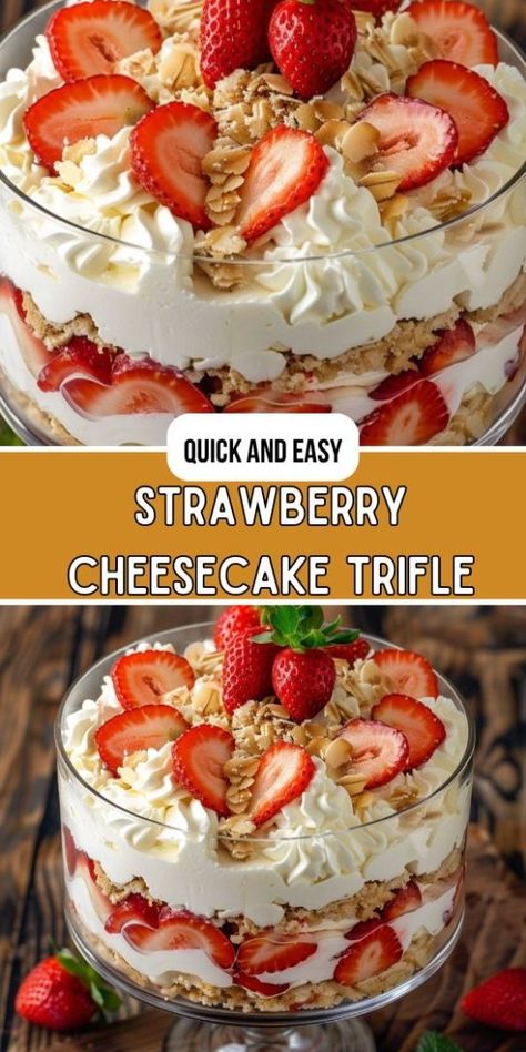 Strawberry Cheesecake Trifle Trifle Bowl Desserts, Strawberry Cheesecake Trifle, Berry Cheesecake Recipes, Trifle Recipes Easy, Trifle Bowl Recipes, Trifle Dessert Recipes, Cheesecake Trifle, Dessert Truffles, Strawberry Dessert Recipes