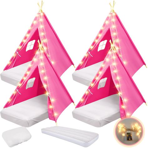 PRICES MAY VARY. Kids Teepee Tent Package for Sleepovers: this set includes 4 beautifully designed kids teepee, 4 shimmering 9.84 ft starlight strings, 4 cozy air beds sized 61.8 x 25.9 x 7.09 inches, and 4 properly fitting sheets; Together, these elements create an unforgettable, magical experience for your little ones and their friends Sturdy and Safe Materials: crafted from quality cotton fabric, ensuring sturdiness and ease of cleaning through machine wash without shrinkage; The sturdy pine Toddler Play Tent, Sleepover Tents, Teepee Play Tent, Girly Birthday Party, Kids Teepee, Kids Teepee Tent, Girl Sleepover, Big Tents, Tent Fabric