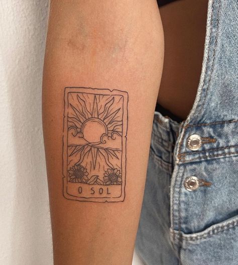 Tattoo In Square Frame, Tattoo Square Frame, Square Tattoo Placement, Sun Stamp Tattoo, Loteria Cards Tattoo, Frame Tattoo Design Square, Square Tattoo Ideas, Rectangle Tattoo, Tarot Cards Tattoo