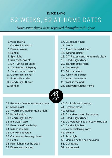 52 Weeks, 52 Dates: How This Couple is Prioritizing Date Night All Year Romantic Diy Dates At Home, Weekly Date Night Ideas At Home, At Home Date Night Ideas For Married Couples, At Home Couple Activities, Date Ideas For New Couples At Home, Fantasies Ideas For Couples, Spa Date Night At Home, Cheap Dates For Couples, Couples Date Night Ideas At Home