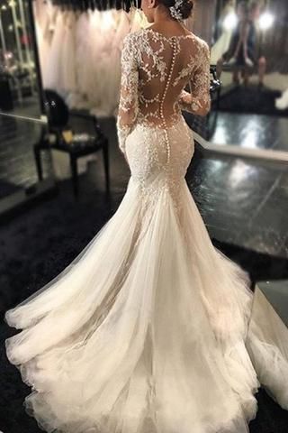 Long Sleeves V-neck Wedding Dress,Ivory Wedding Dress with Appliques – Simibridaldresses