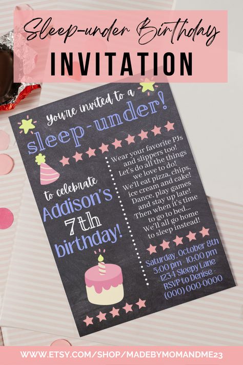 Celebrate your special girl's birthday with our "Sleep Under" 5x7" party invitation. This editable double-sided invite can be used for any birthday... 7th, 5th, 3rd, etc... simply by editing the text in this fully customizable Canva template. You can personalize the fonts, text size, text color and background color. You may also choose to print your invitation single / double-sided or send to your guests through text / social media. Sleep Under Party Invitations, Sleep Under Invitations, Sleep Under Party Ideas, Sleep Under Party, Birthday Pajama Party, Pajama Party Invite, Girls Pajamas Party, 7th Birthday Party Ideas, Sleepover Birthday