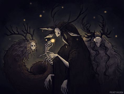 Spirit World Concept Art, Evil Forest Spirit, Night Creatures Art, Unseelie Fae Art, Forest Spirits Art, Dark Forest Creatures, Shadow Creature Concept Art, Forest Spirit Aesthetic, Spirits Illustration