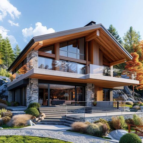 Mountain Villa Design, Modern Chalet Exterior, Modern Chalet Architecture, Modern Village House Design, Mountain Villas, Modern Mountain House Plans, Modern Mountain Cabin, Chalet Style Homes, Chalet House