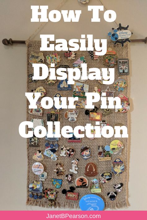 How to easily display your pin collection.  Easy DIY project.  Display your pins as artwork.  Perfect for collectors.  Pin Display. #Pin #PinDisplay #DIY https://janetbpearson.com Pin Collection Displays, Disney Pin Display, Brooch Display, Pins Badge Display, Collection Board, Enamel Pin Display, Pin Display, Wet Felting Projects, Disney Vacation Club