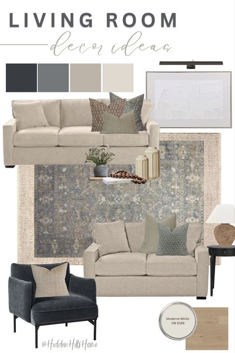 Living room decor mood board with cream and muted blue tones throughout. This living room features cream sofas and light blue accent chair Living Room Sofa Wall Decor, Palliser Furniture Living Rooms, Havertys Living Room, Ashley Living Room Furniture, Radley Sofa, Blue And Cream Living Room, Beige Couch Living Room, Beige Sofa Living Room, Taupe Living Room