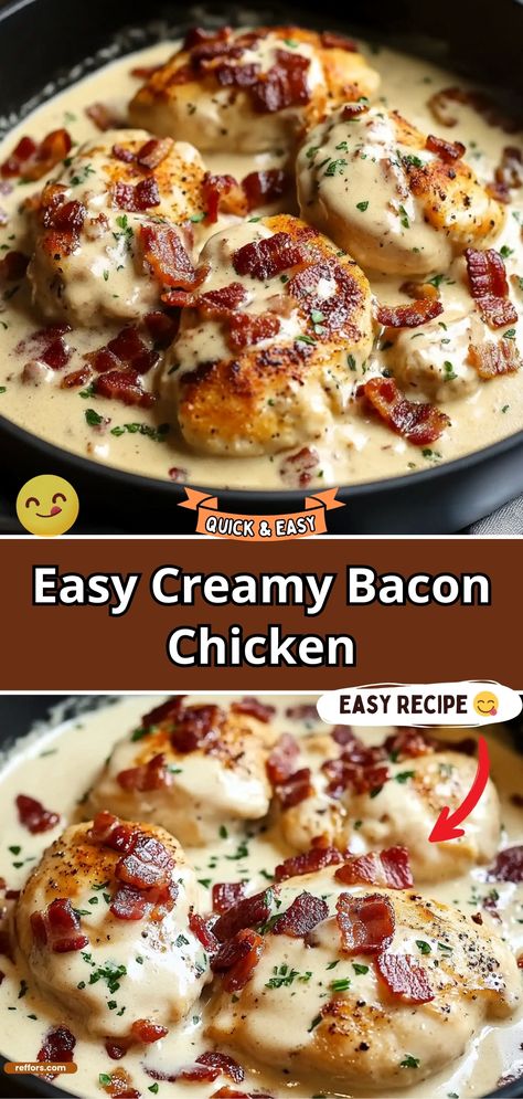 Easy Creamy Bacon Chicken Chicken Cream Cheese Bacon Recipes, Chicken In Creamy Bacon Sauce, Chicken N Bacon Recipes, Creamy Beer Cheese Chicken With Crispy Bacon, Dinner With Chicken And Bacon, Easy Chicken Bacon Recipes, Creamy Bacon Pork Chops, Easy Dinner Recipes Bacon, Banquet Meals Ideas Food