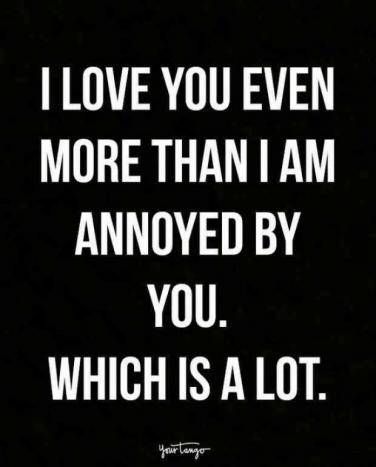 I love you even more than I am annoyed by you. Which is a lot. Cute Funny Love Quotes, Silly Love Quotes, Love Quotes For Him Funny, Husband Quotes Funny, Funny Love Quotes, Silly Love, Couple Quotes Funny, Soulmate Love Quotes, Love Quotes Funny