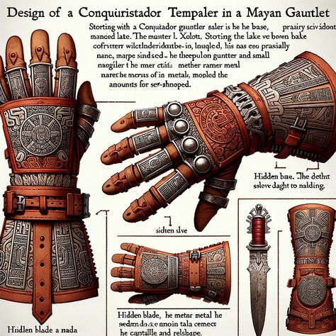 Nawi would usually start with a Conquistador/Templar gauntlet as the base in the late Aztec era, which he would usually get from defeating one of them and showcase traditional Mayan motifs stitched onto the leather which he spent many hours on. The hidden blade, crafted from self-melted, leftover metal and engraved like the gauntlet, which is an art in itself, is a testament to Nawi's craftsmanship that was simply ahead of his time. Magical Gauntlet, Dnd Gauntlet, Conquistador Armor, Mayan Motifs, Aztec Armor, Hobo Symbols, Armor Ideas, Leather Gauntlet, Assassins Creed Game