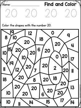 Numbers Recognition 1-20 - Numbers Sense Worksheets for Pre-K by Learning Desk Number 20 Worksheets For Preschool, Number 11 Worksheets For Preschool, Number Worksheets For Preschool 1-20, Number 20 Worksheet, Find And Color, Numbers To 20, Number Activity, Color By Number Printable, Toddler Worksheets