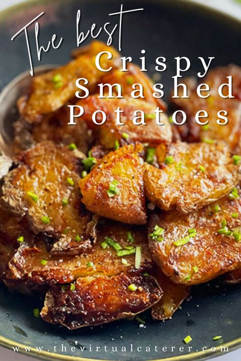 A bowl full of crispy potatoes topped with parsley and served with a spoon. Best Crispy Smashed Potatoes, Super Crispy Smashed Potatoes, Crispy Fingerling Potatoes Air Fryer, Smashed Potatoes Crispy, Ultra Crispy Smashed Potatoes, Double Baked Smashed Potatoes, Crisp Smashed Potatoes, How To Cook Nibbles Potatoes, Herbed Fingerling Potatoes