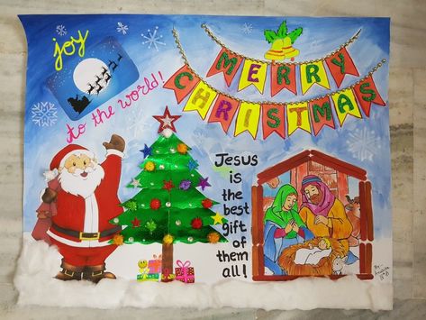 Christmas Posters For School, Merry Christmas Art Draw, Christmas Chart Ideas, Christmas Soft Board Decoration, Christmas Chart Ideas For School, Christmas Charts For School, Christmas Festival Drawing, Merry Christmas Drawing Art, Christmas Bulletin Boards For School