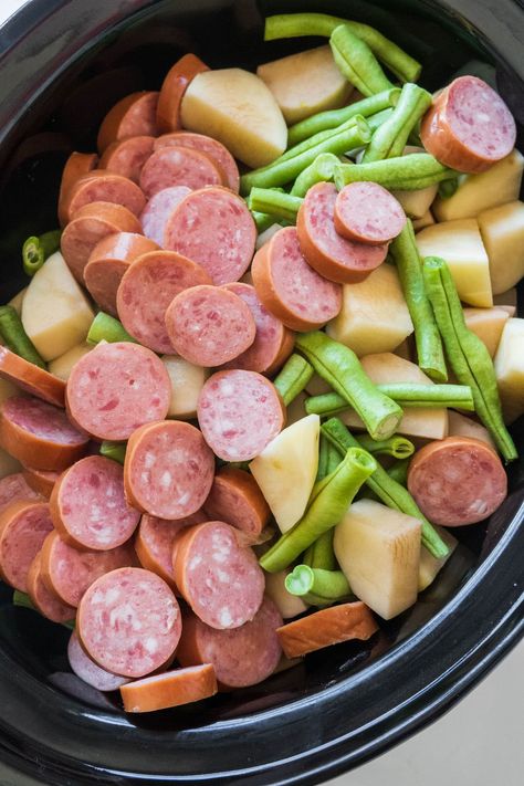 Sausage Green Beans And Potatoes, Potatoes And Kielbasa, Crockpot Kielbasa, Sausage Green Beans, Sausage Crockpot Recipes, Crockpot Green Beans, Beans And Potatoes, Sausage Crockpot, Smoked Sausage Recipes