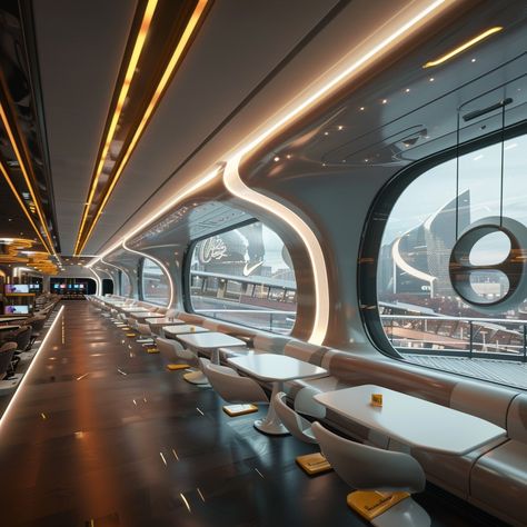 Futuristic Cafe Design, Futuristic Cafeteria, Futuristic Warehouse, Futuristic Restaurant Design, Futuristic Cafe, Futuristic Restaurant, Futuristic Transport, Fastfood Restaurant, Glass Shelves Decor