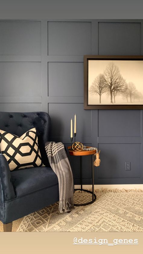 Feature Wall Ideas Sitting Room, Accent Wall With Navy Couch, Accent Wall Bonus Room, Grid Wall Living Room, Hale Navy Board And Batten Wall, Navy Walls And Ceiling, Accent Wall Sitting Room, Grid Board And Batten Wall, Board And Batten High Ceiling