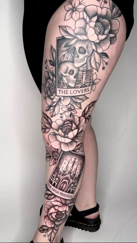 Forearm Cover Up Tattoos, Dark Feminine Tattoos, Maching Tattoos, Feminine Skull Tattoos, Spine Tattoo Ideas, Tarot Tattoo, Full Leg Tattoos, Feminine Tattoo Sleeves, Skull Sleeve Tattoos