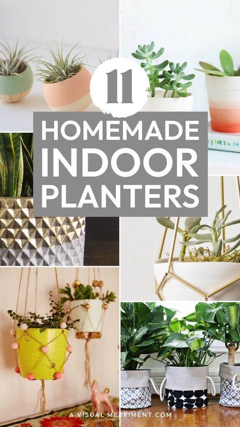 Ever wonder how to spruce up your space with little effort and cost? Dive into our collection of cute DIY indoor planter ideas that will make all your other plants green with envy. From walls to floors to hanging plants, we've got you covered! Check out the round up at A Visual Merriment #indoor #planter #diy Wall Plants Indoor Diy, Plant Pot Hanging Ideas, Upcycled Planter Ideas, Diy Big Planters Pots Indoor, Diy Indoor Plant Hangers Ideas, Diy Planter Indoor, Indoor Plant Pot Ideas Diy Planters, Unique Planter Ideas Indoor, Planter Diy Indoor