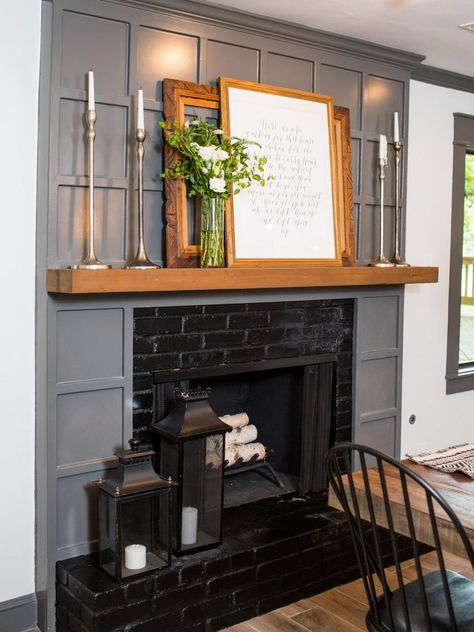 Chip and Joanna Gaines help a newly married couple create their ideal first home, turning a standard suburban '70s house into a romantic retreat that effectively blends styles, influences and textures. Reclaimed Wood Mantel, 70s House, Timber Walls, Wood Mantels, Fixer Upper Style, Kitchen Paint Colors, Fireplace Remodel, Interior Painting, Home Fireplace