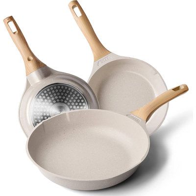 The skillet set includes an 8" frying pan, a 9.5" frying pan and an 11" frying pan. Smokeless, green and healthy, very durable surface, great non-stick effect, ideal for using on low to medium heat. The stylish cookware set meets all your kitchen and family needs. | Caannasweis 3 Pieces Aluminum Non Stick Cookware Set Aluminum in Gray | Wayfair Pot And Pan Set, Omelette Pan, Skillet Pan, Kitchen Cookware Sets, Nonstick Cookware Sets, Induction Cooking, Fry Pan Set, Pots And Pans Sets, Induction Hob