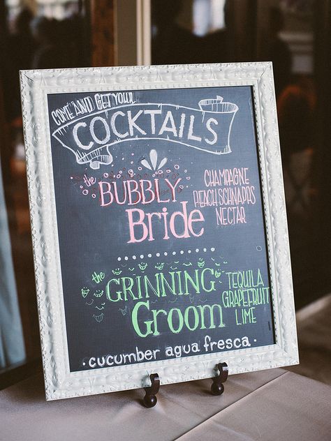 Design a creative chalkboard bar sign to designate a signature "his and hers" cocktails that wedding guests sip on in honor of the newlyweds. Bride And Groom Drinks Signature Cocktail, Bride And Groom Signature Cocktails, Bride And Groom Cocktail Ideas, Bride And Groom Signature Drinks, Bride And Groom Cocktails, Bride And Groom Drinks, Diy Wedding Bar Sign, Wedding Beverages, Daiquiri Shop