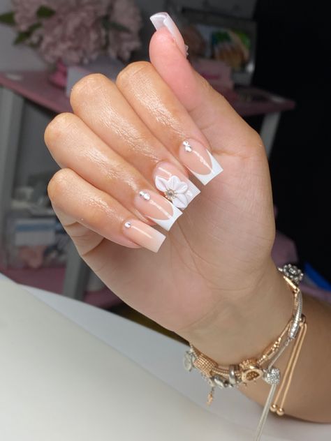 Short Simple Birthday Nails, Basic Frenchies Nails, 20 Birthday Nails Short, Short French Tip Nails With Diamonds, Short Acrylic Nails Diamond Designs, Short Classy Nails With Diamonds, Cute Nail Inspo Acrylic Square, Short Nail Designs 3d Flower, 15 Birthday Nails Ideas