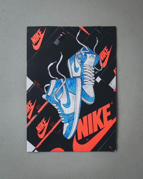 Something new: #Nike Air #Jordan 1 „UNC“ - Mixed Media on original Nike Air Jordan 1 shoe box from 2019 (70cm x 50cm) by Stefan Schaar⁠ #art #painting #modernart #sneakerart #acrylicpainting #lacesandtraces #limited #shoebox #contemporaryart #1of1 Painted Shoebox Ideas, Jordan Painting, Air Jordan 1 Unc, Jordan 1 Unc, Square Painting, Sneaker Art, Bullet Journal Art, Journal Art, Art Idea