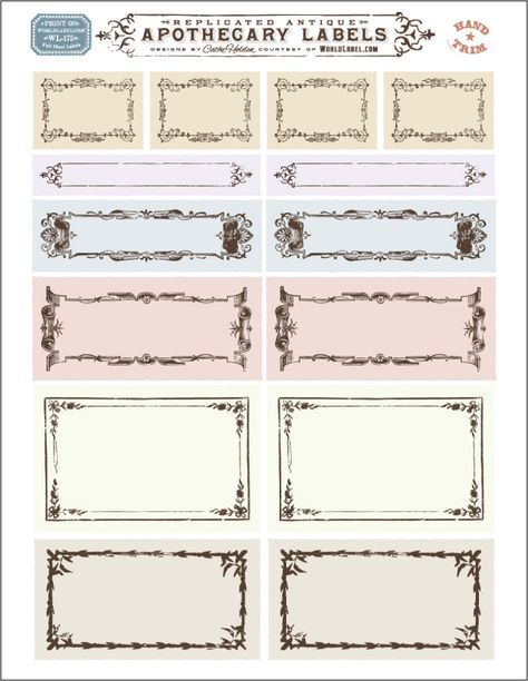 Free replicated antique ornate blank Apothecary labels for artisans, crafters and designers are designed by Cathe Holden of Justsomethingimade.com. Labels are in editable PDF templates ready to print in your laser and inkjet printers. Use them for gift tags, bottles, small contatiners, favors, address labels and lots lots more. Blank Apothecary Labels, Vintage Labels Printables, Labels Printables Free Templates, Printable Label Templates, Ornate Frames, Potion Labels, Apothecary Labels, Address Label Template, Etiquette Vintage