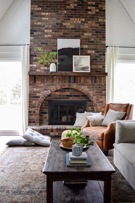 Bricks Fireplace, Living Room Spotlights, Red Brick Fireplaces, Raised Ranch, Juniper Home, Colorado Living, Living Room Ideas Farmhouse, Feature Walls, Living Room On A Budget